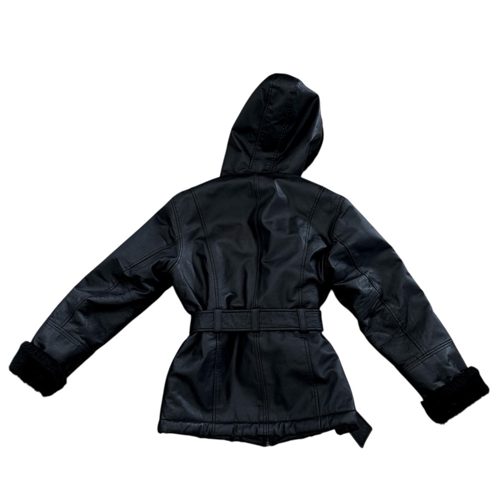 100% Genuine Leather Coat with Faux Fur Interior Women's Black Hooded Jacket - Picture 5 of 8